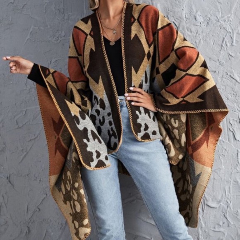 rust poncho leopard print wrap kimono cardigan